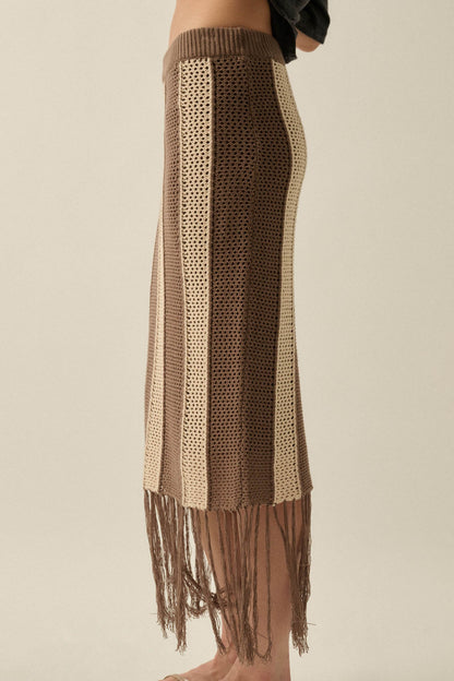 Someday Soon Striped Crochet-Knit Fringe Midi Skirt