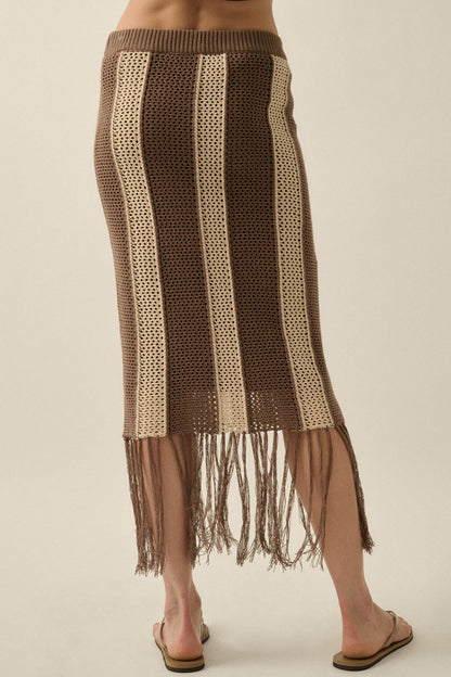 Someday Soon Striped Crochet-Knit Fringe Midi Skirt