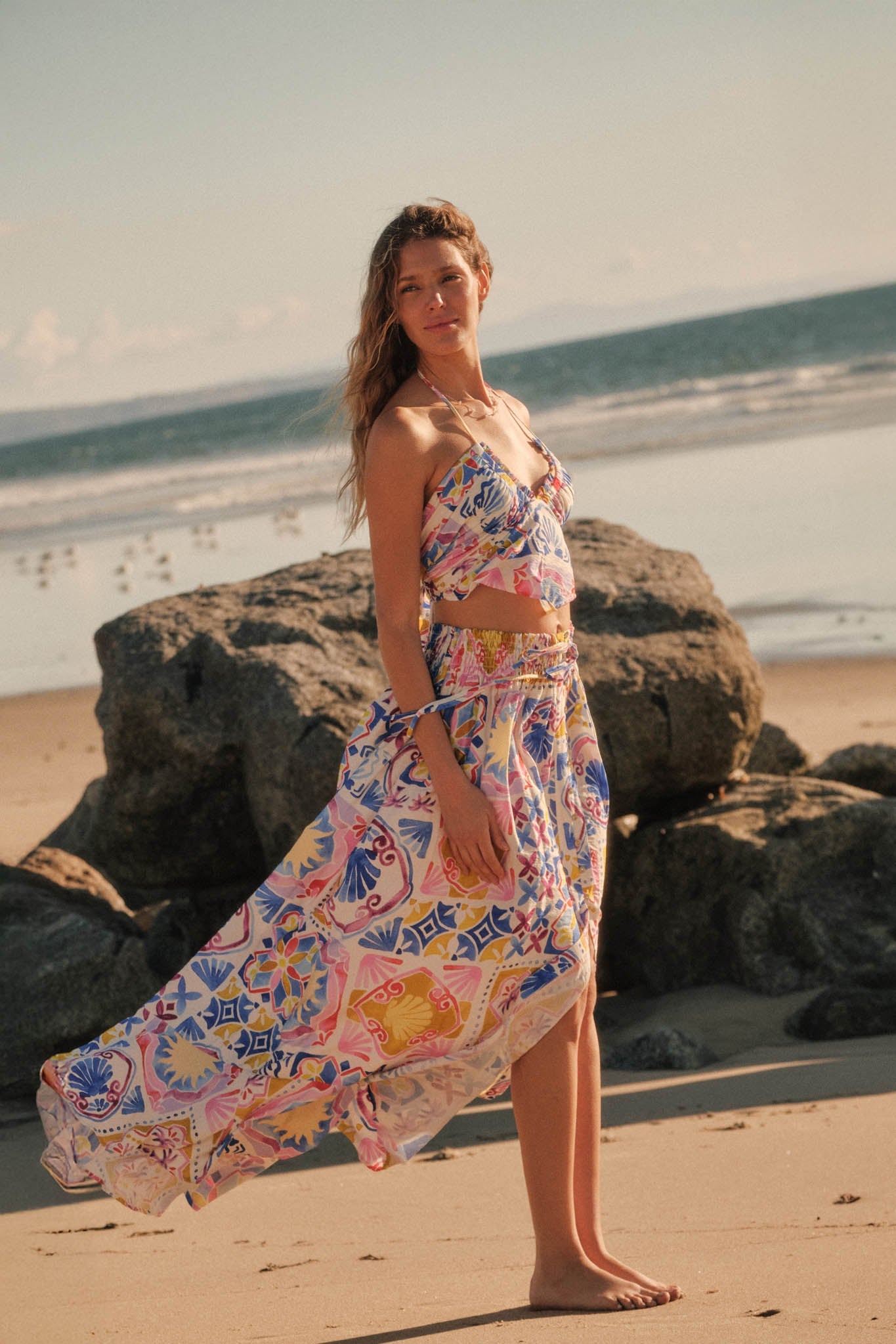 Mallorca Music Tile-Print Button-Front Maxi Skirt