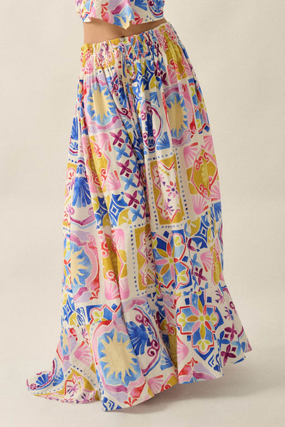 Mallorca Music Tile-Print Button-Front Maxi Skirt
