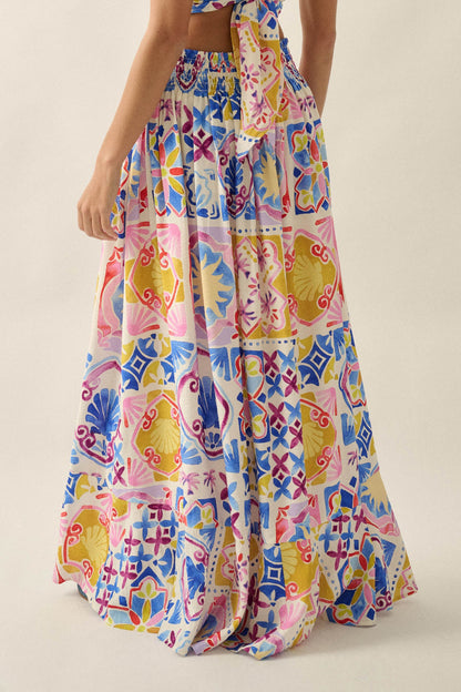 Mallorca Music Tile-Print Button-Front Maxi Skirt