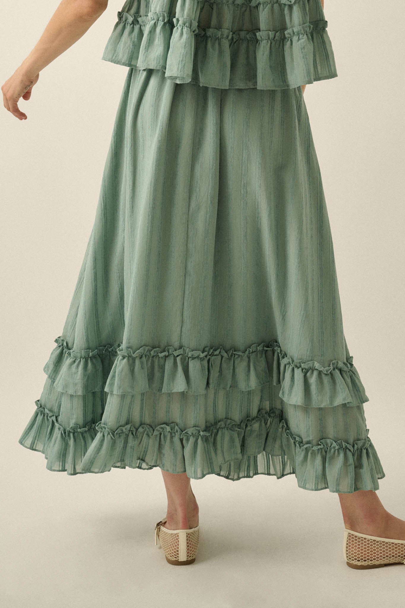 Pretty Precious Tonal-Stripe Ruffle Maxi Skirt