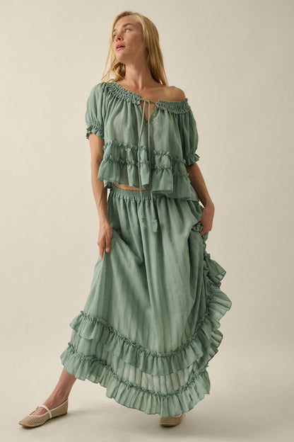 Pretty Precious Tonal-Stripe Ruffle Maxi Skirt