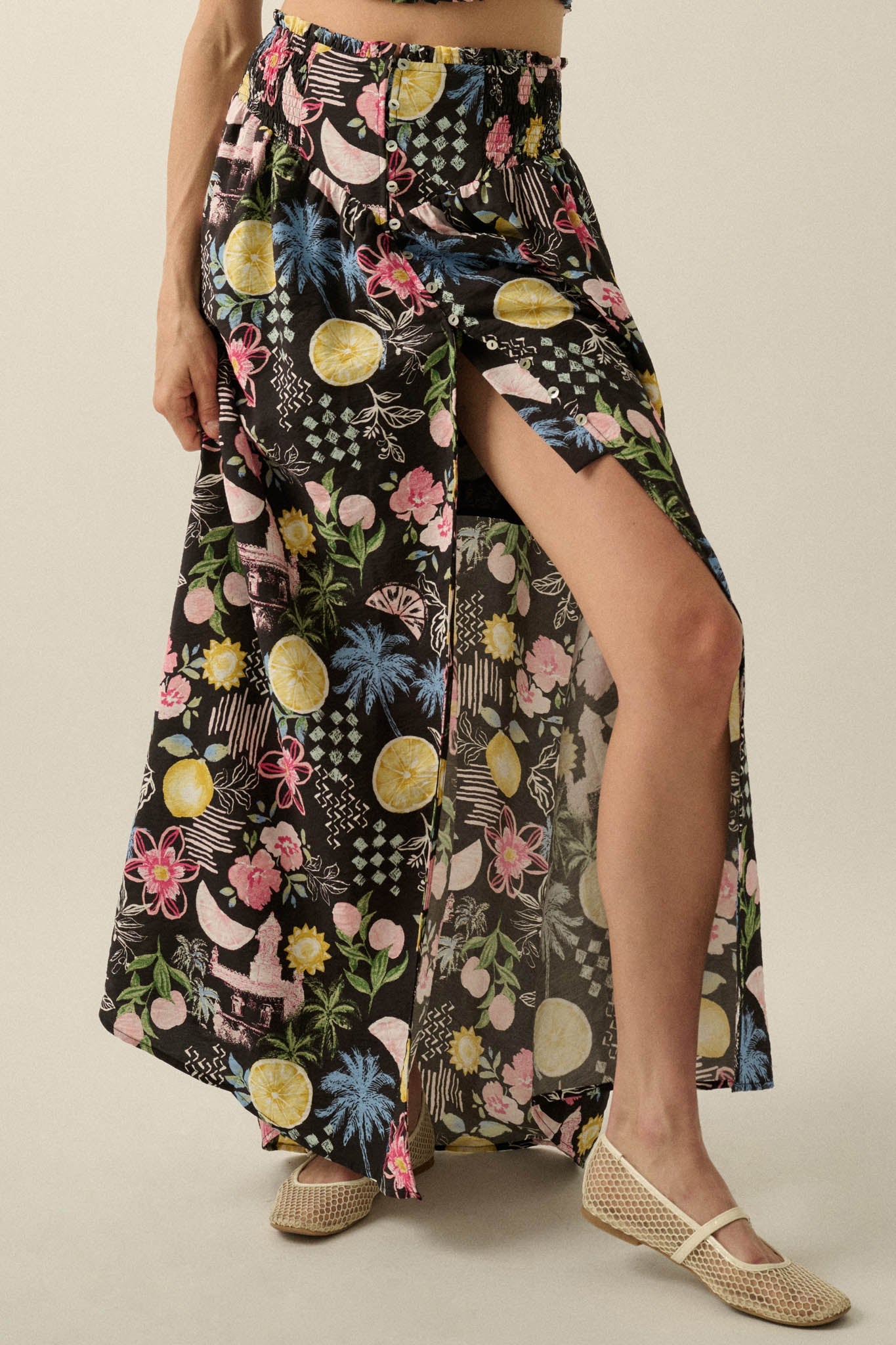 Celebrate Life Fruit & Floral-Print Button Maxi Skirt