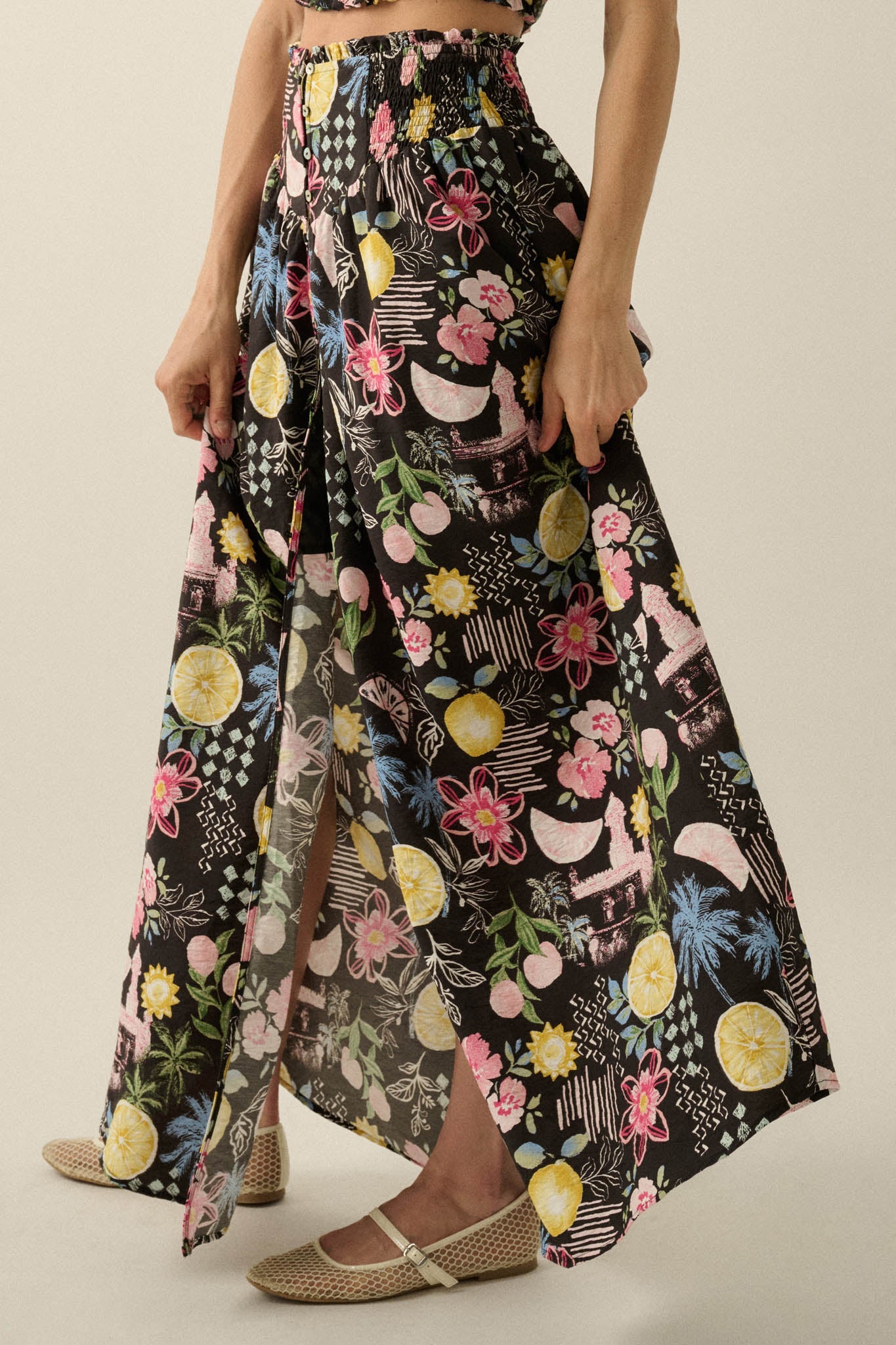 Celebrate Life Fruit & Floral-Print Button Maxi Skirt