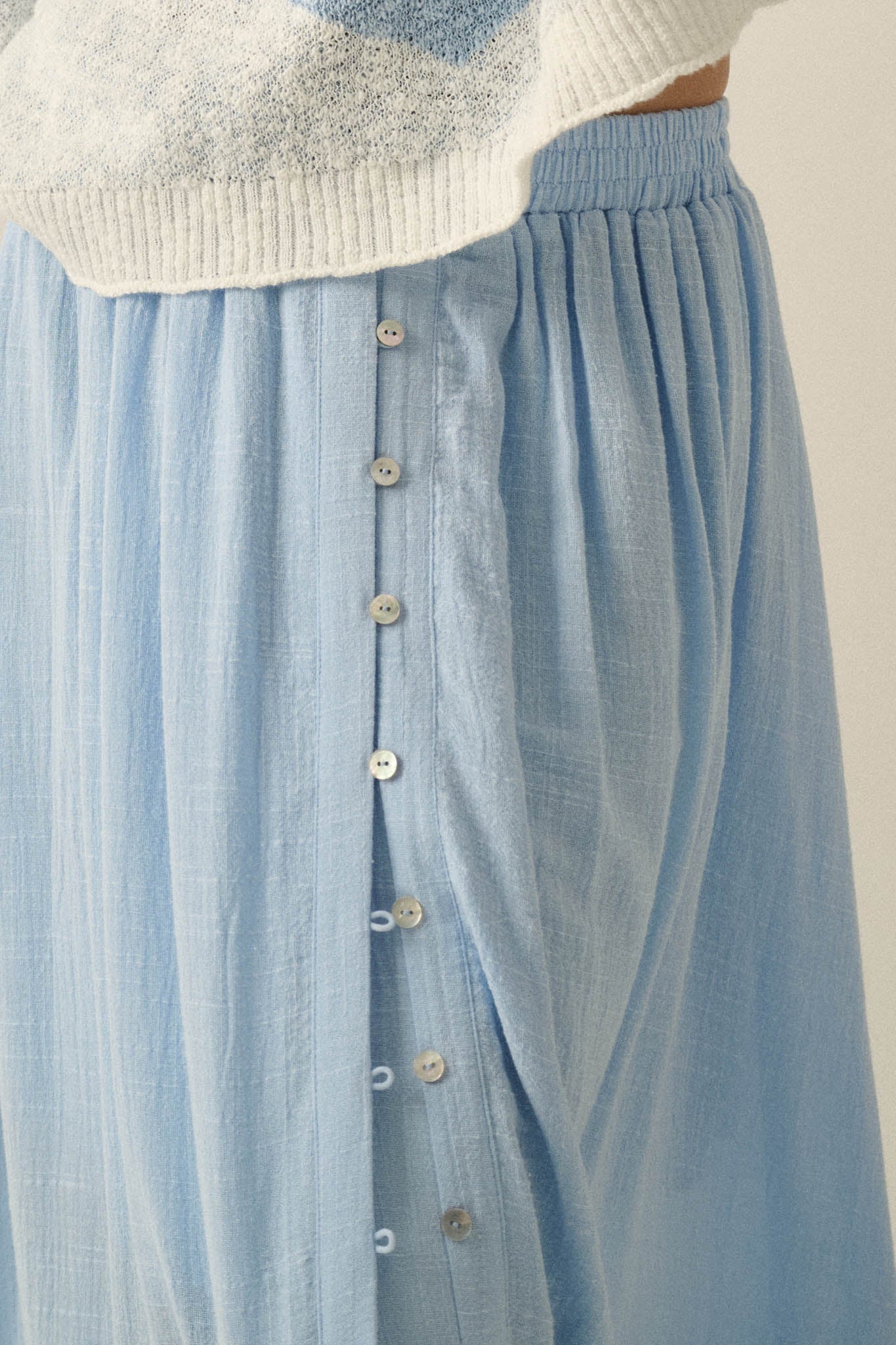 Breezy Day Cotton Gauze Button Ruffle Maxi Skirt