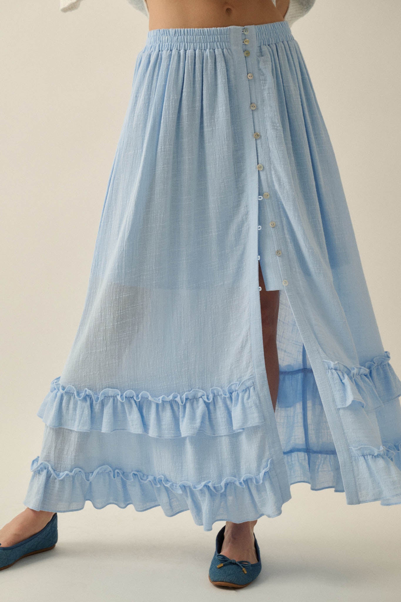 Breezy Day Cotton Gauze Button Ruffle Maxi Skirt