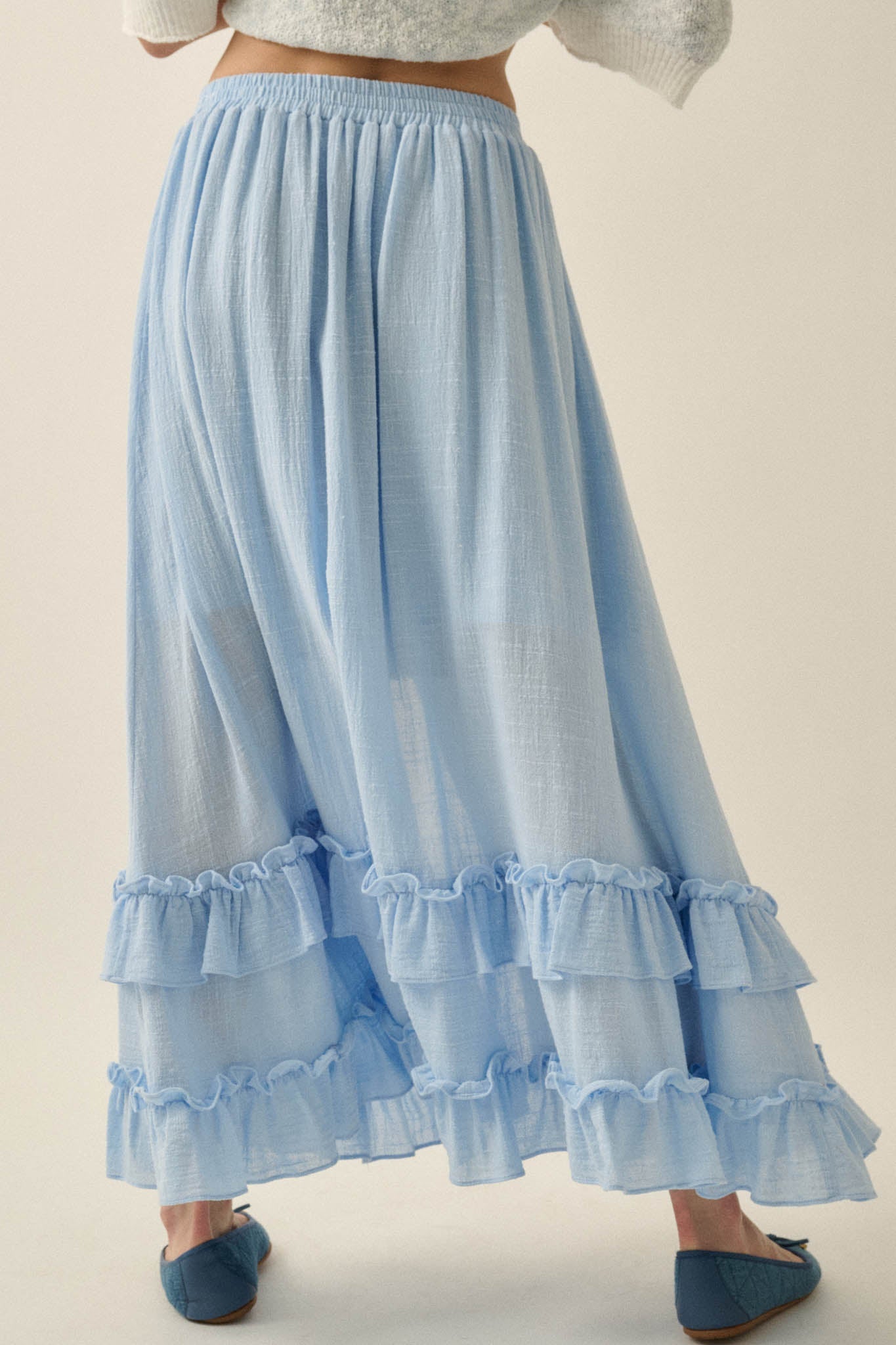 Breezy Day Cotton Gauze Button Ruffle Maxi Skirt