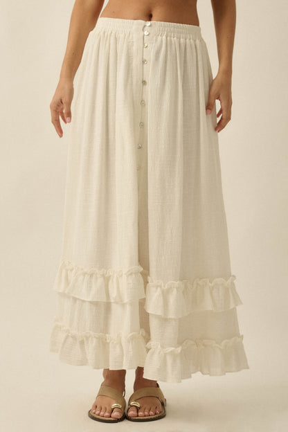 Breezy Day Cotton Gauze Button Ruffle Maxi Skirt