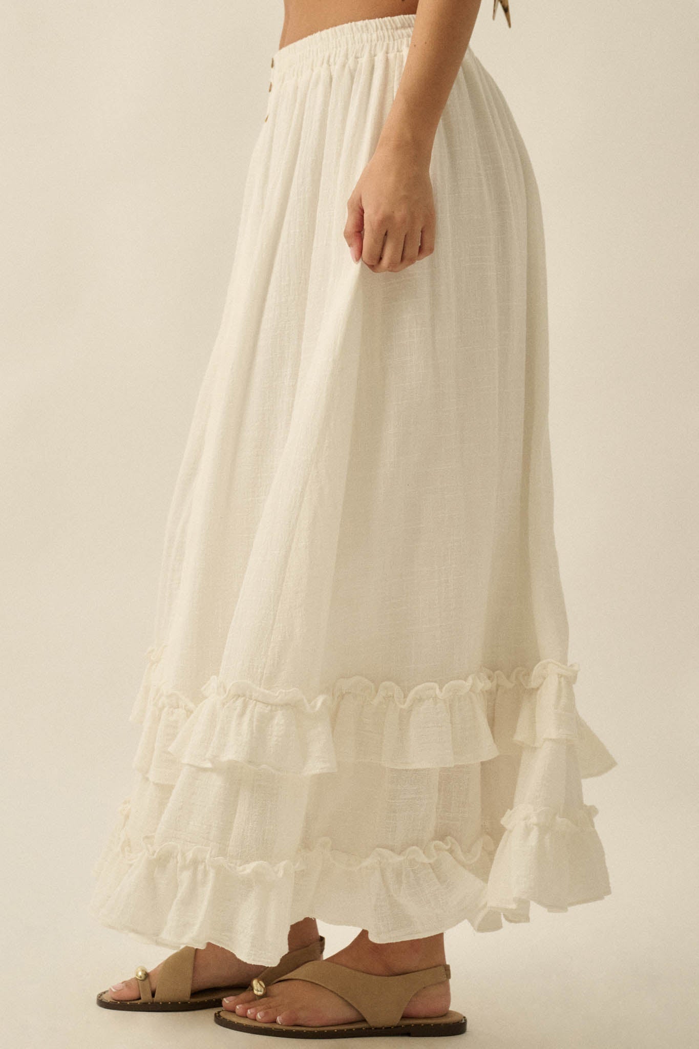 Breezy Day Cotton Gauze Button Ruffle Maxi Skirt