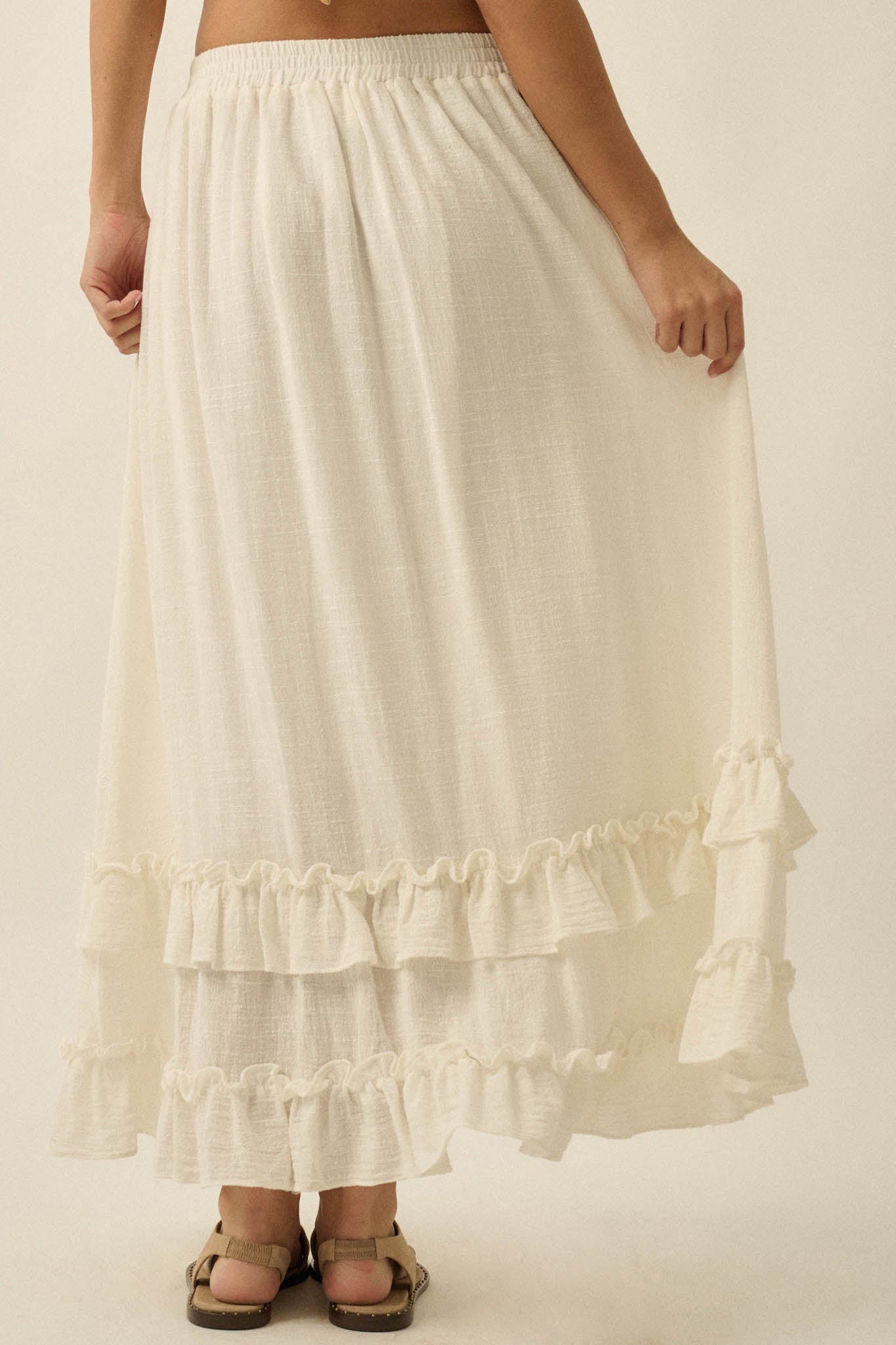 Breezy Day Cotton Gauze Button Ruffle Maxi Skirt