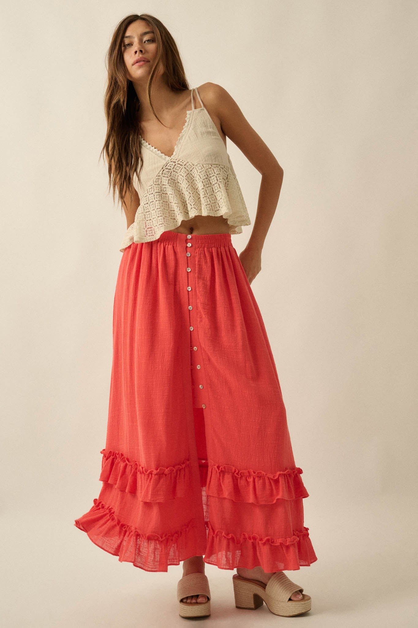 Breezy Day Cotton Gauze Button Ruffle Maxi Skirt