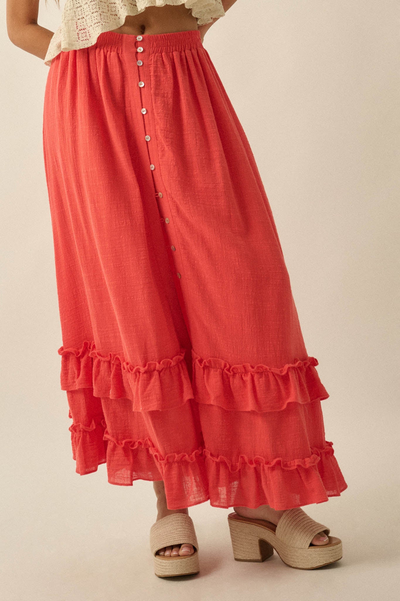 Breezy Day Cotton Gauze Button Ruffle Maxi Skirt