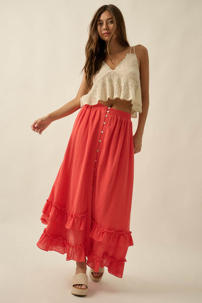 Breezy Day Cotton Gauze Button Ruffle Maxi Skirt