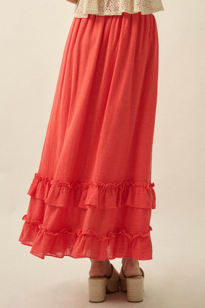 Breezy Day Cotton Gauze Button Ruffle Maxi Skirt