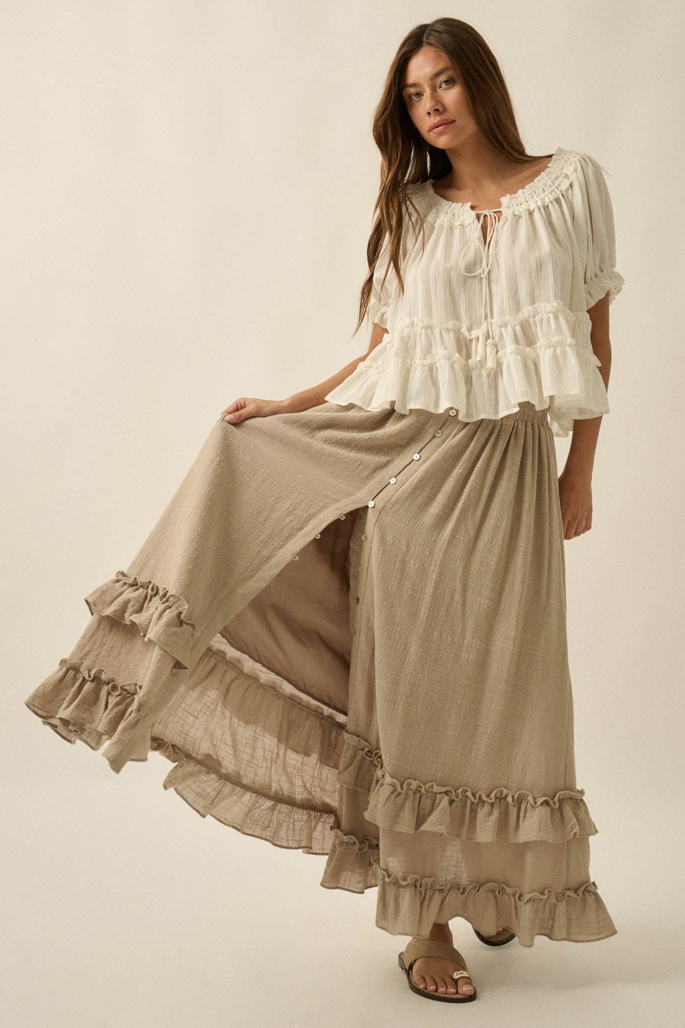 Breezy Day Cotton Gauze Button Ruffle Maxi Skirt