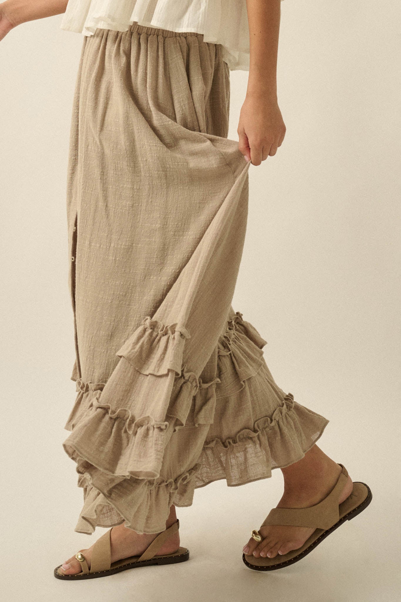 Breezy Day Cotton Gauze Button Ruffle Maxi Skirt