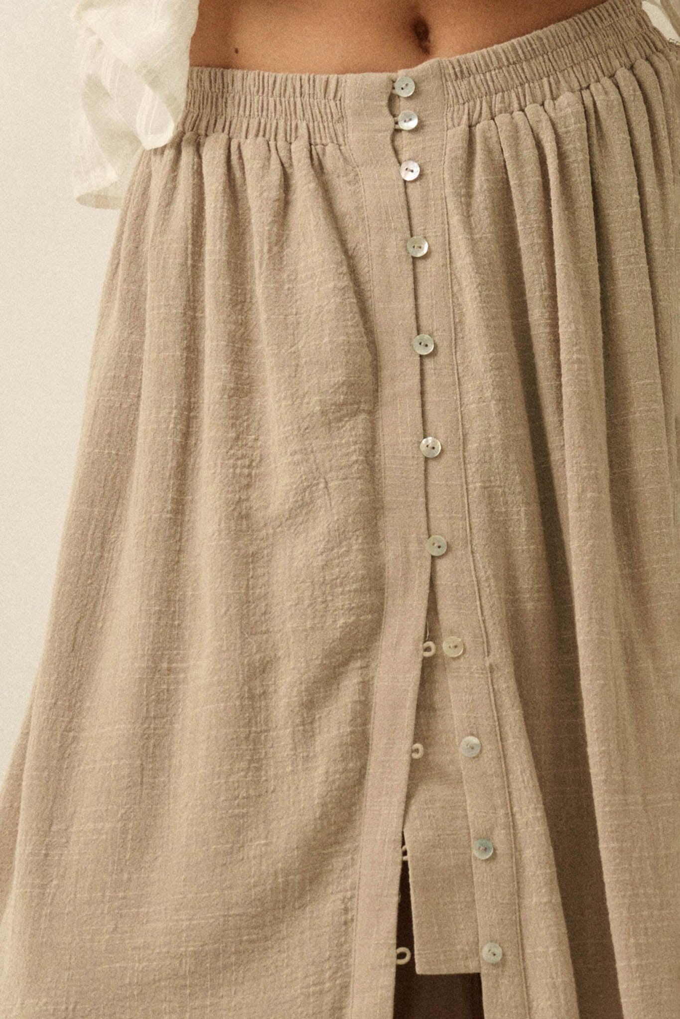 Breezy Day Cotton Gauze Button Ruffle Maxi Skirt