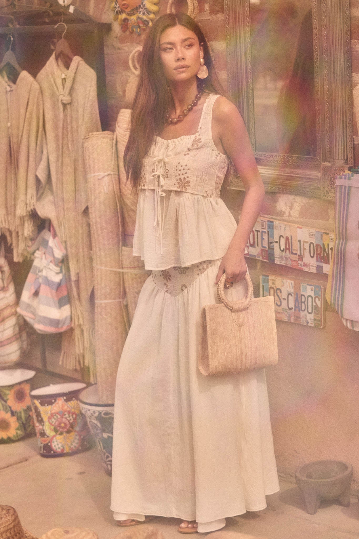 Meadow Song Floral-Embroidered Drop-Waist Maxi Skirt