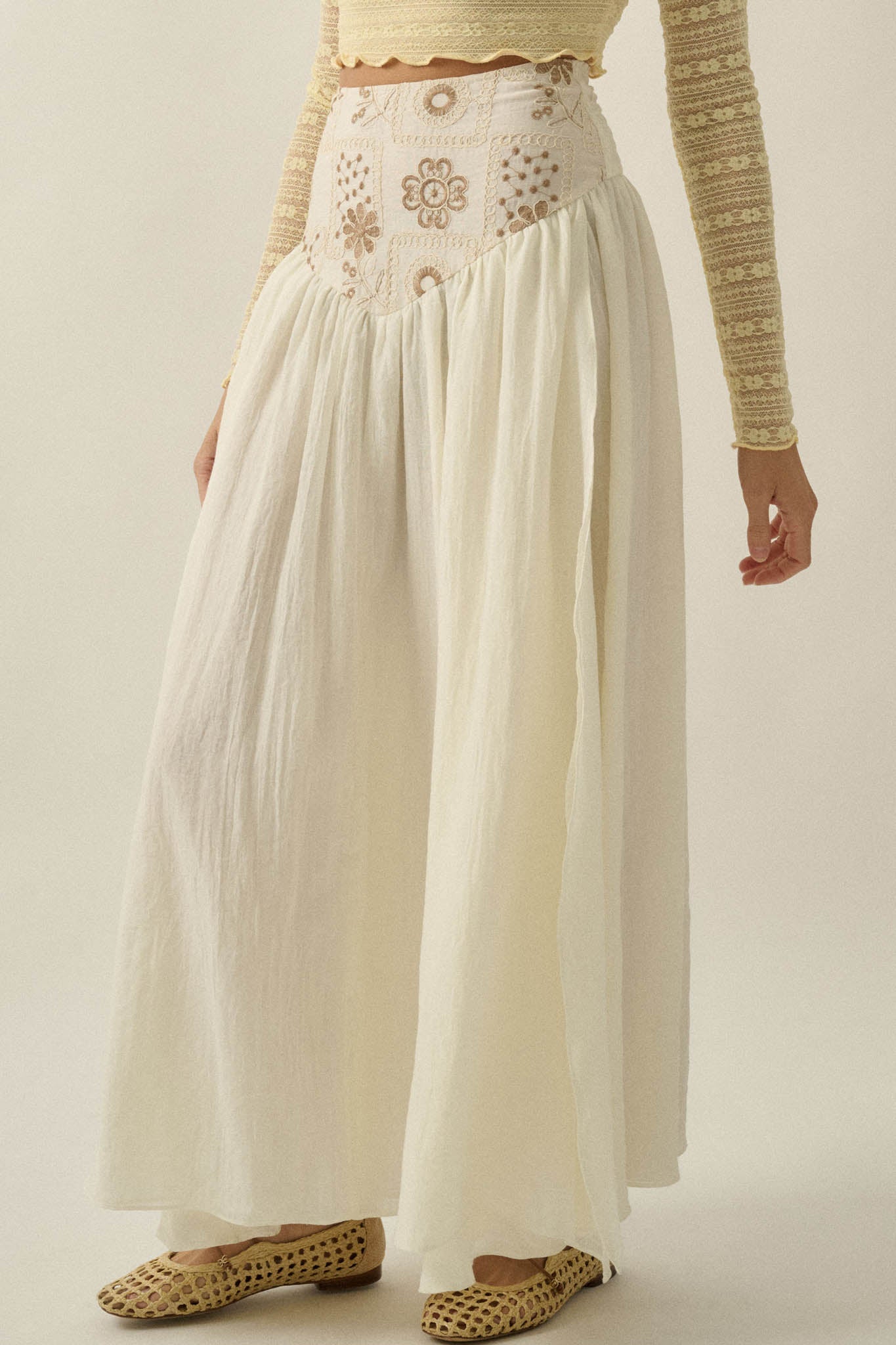 Meadow Song Floral-Embroidered Drop-Waist Maxi Skirt