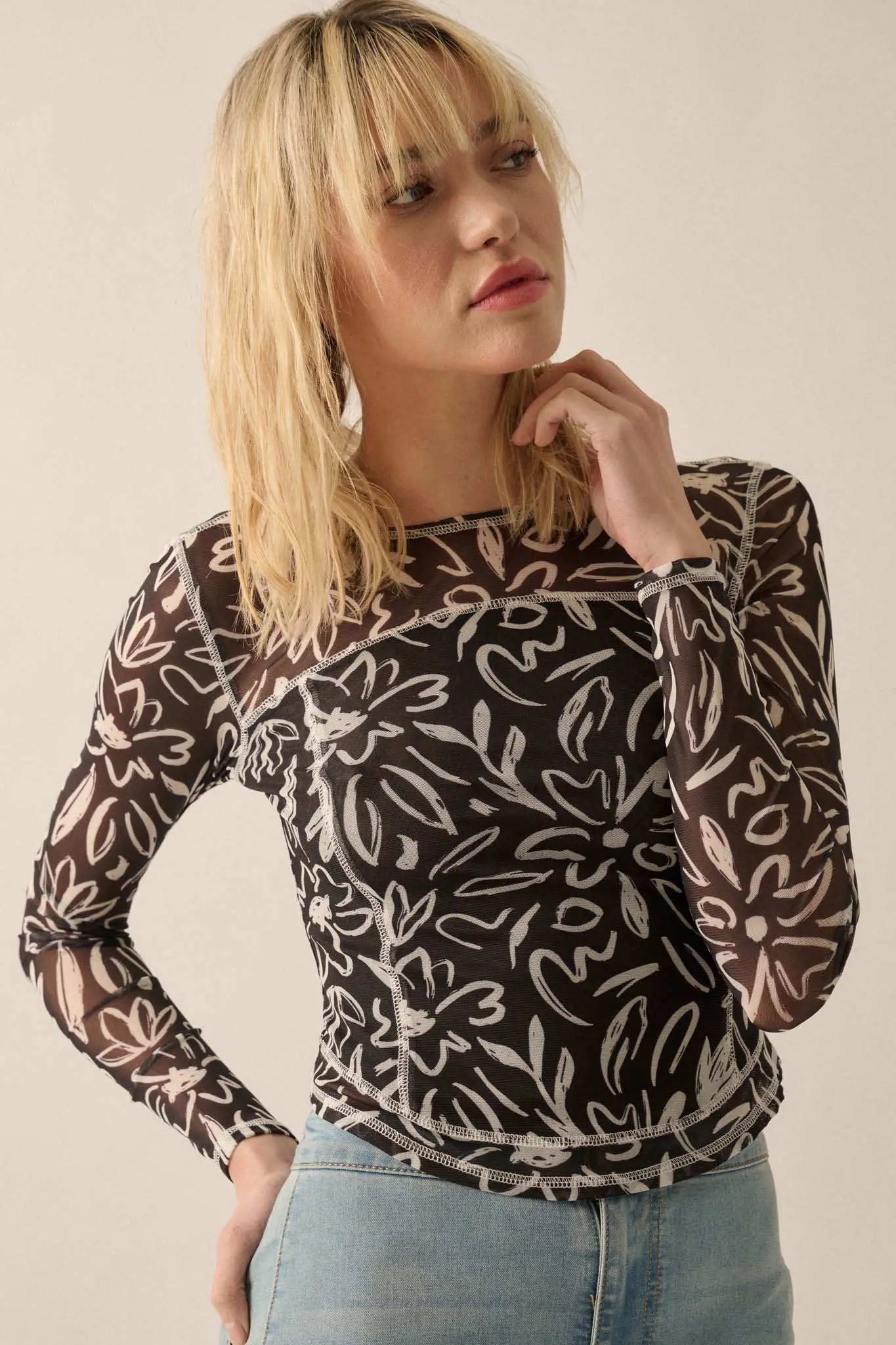 Modern Blossoms Floral-Print Mesh Exposed-Seam Top