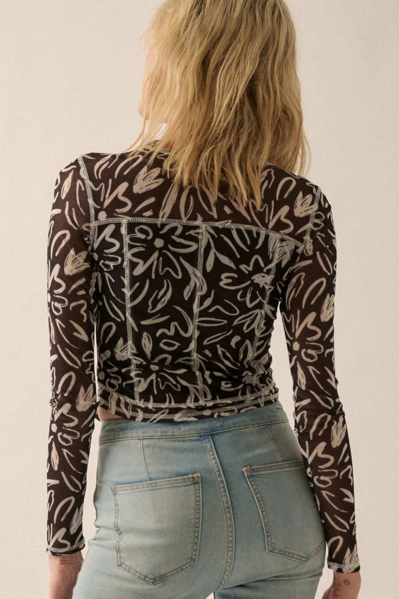 Modern Blossoms Floral-Print Mesh Exposed-Seam Top
