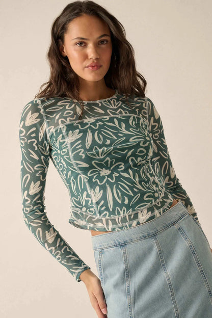 Modern Blossoms Floral-Print Mesh Exposed-Seam Top