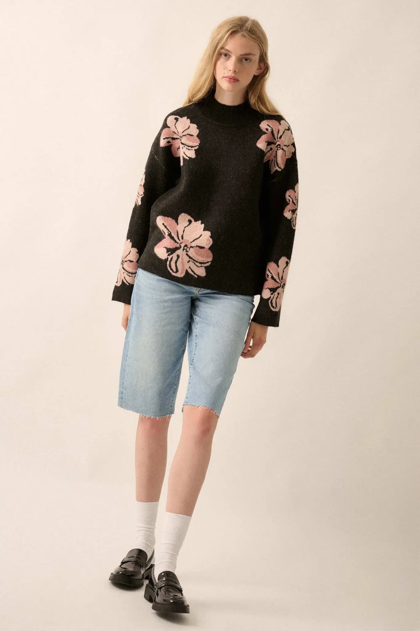 Comfy Flowers Mock-Neck Floral Jacquard Sweater