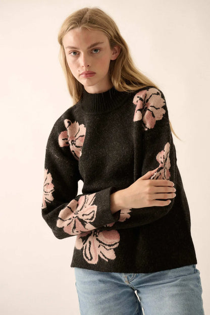 Comfy Flowers Mock-Neck Floral Jacquard Sweater