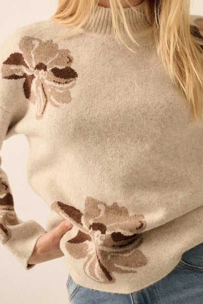 Comfy Flowers Mock-Neck Floral Jacquard Sweater