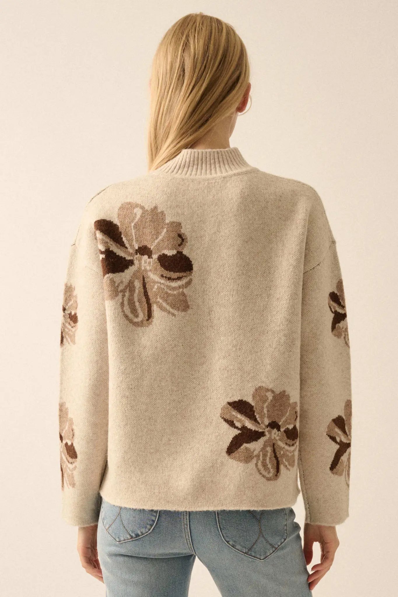 Comfy Flowers Mock-Neck Floral Jacquard Sweater