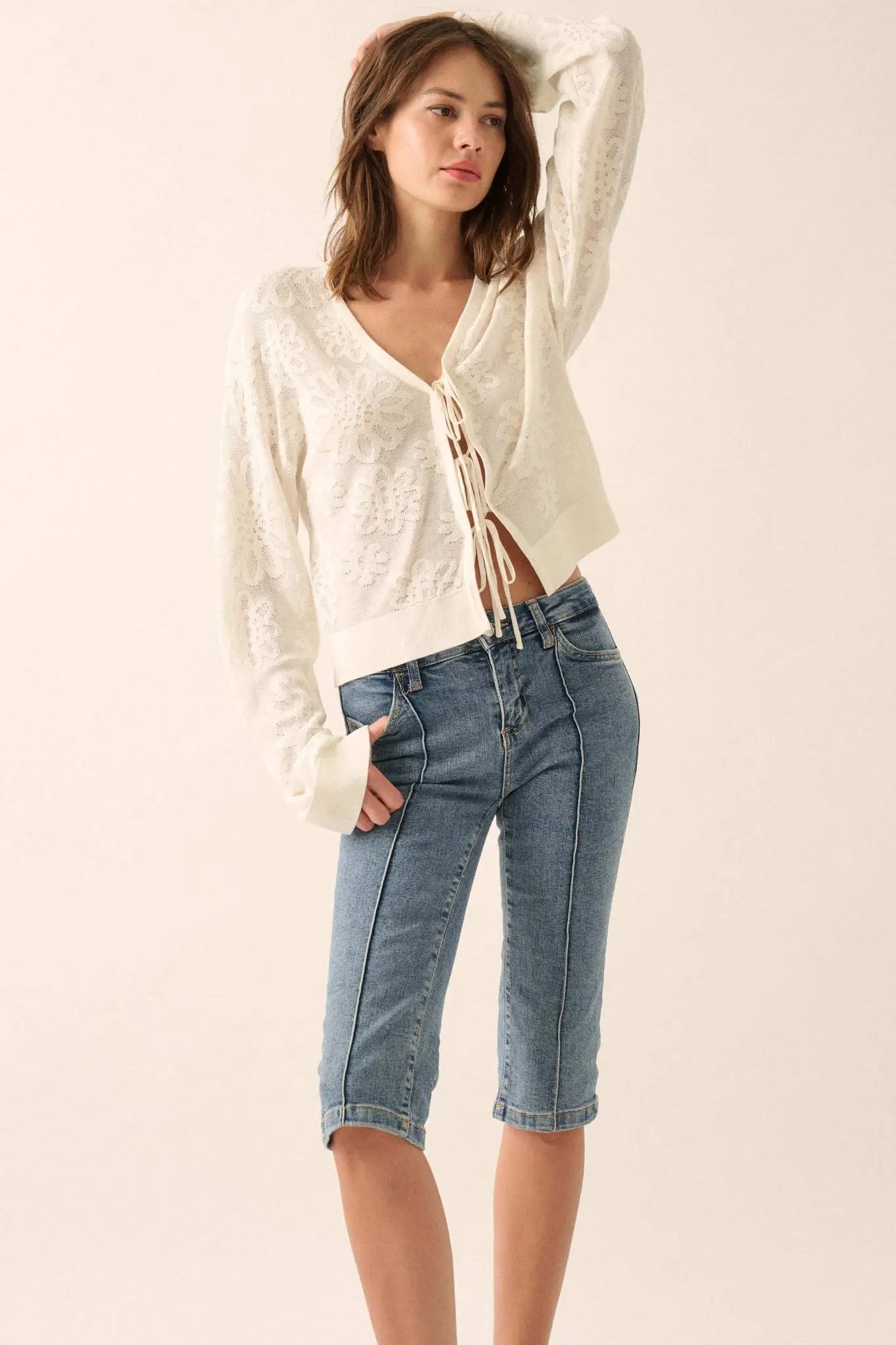Flower Song Floral Jacquard Knit Tie-Front Cardigan
