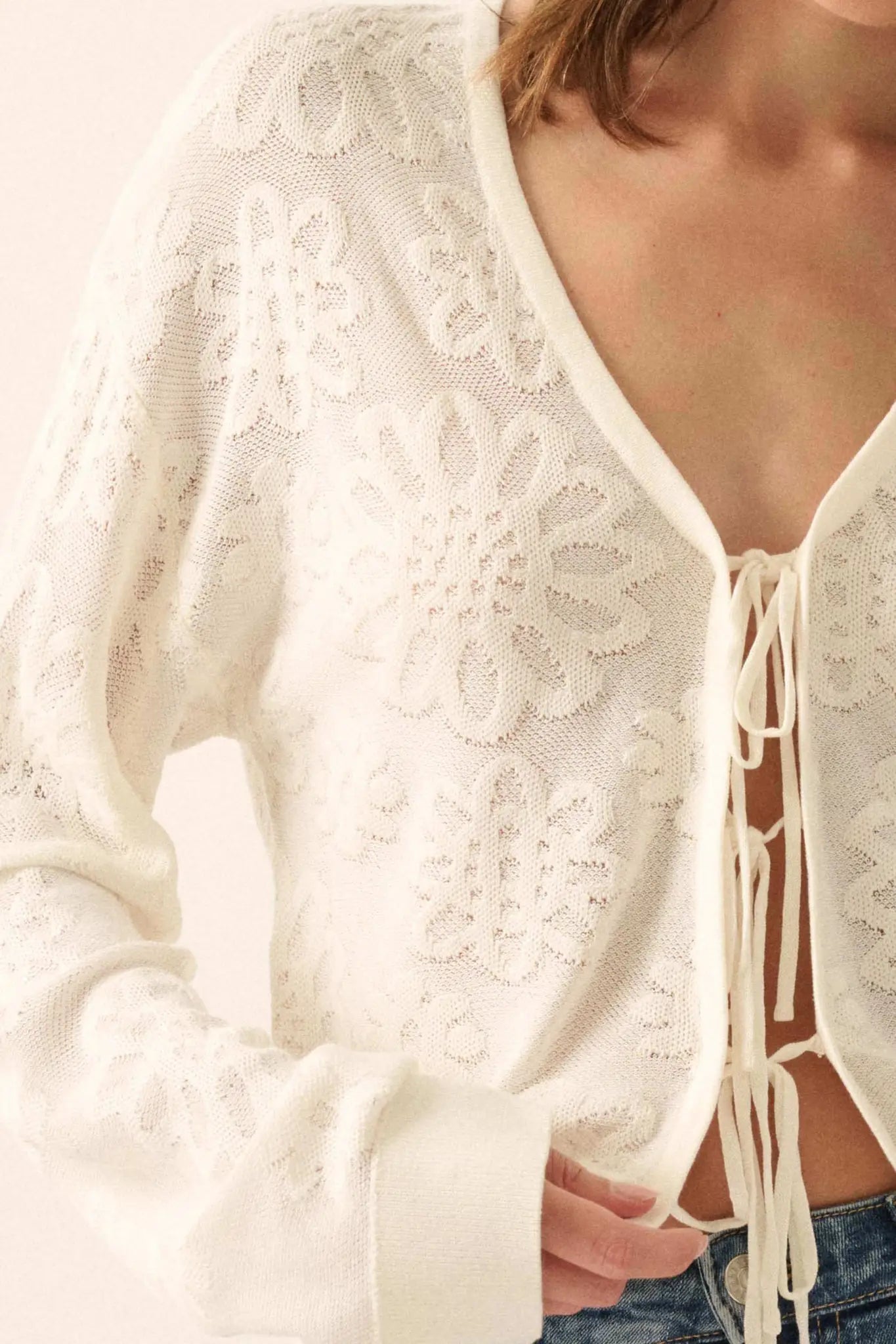 Flower Song Floral Jacquard Knit Tie-Front Cardigan