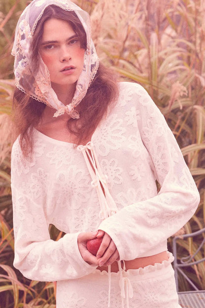 Flower Song Floral Jacquard Knit Tie-Front Cardigan