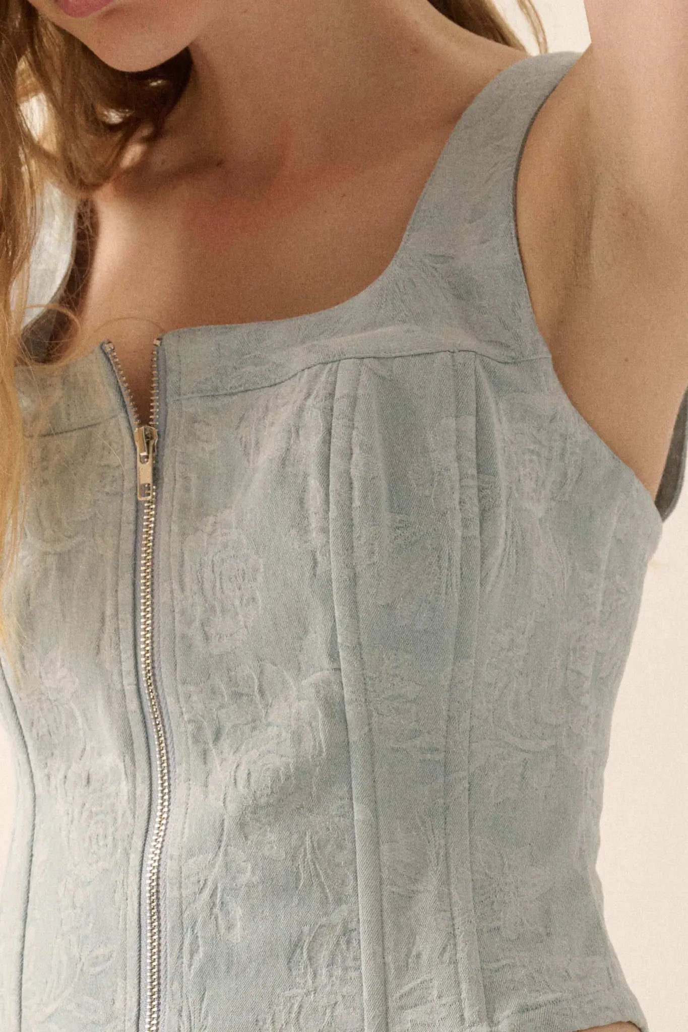 Burst of Blue Floral Jacquard Denim Corset Top