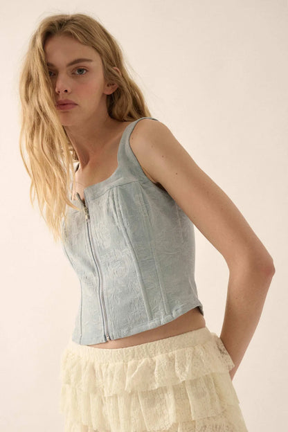 Burst of Blue Floral Jacquard Denim Corset Top
