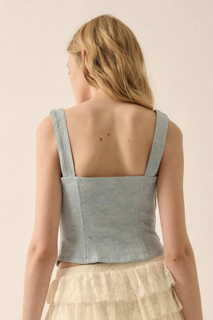 Burst of Blue Floral Jacquard Denim Corset Top