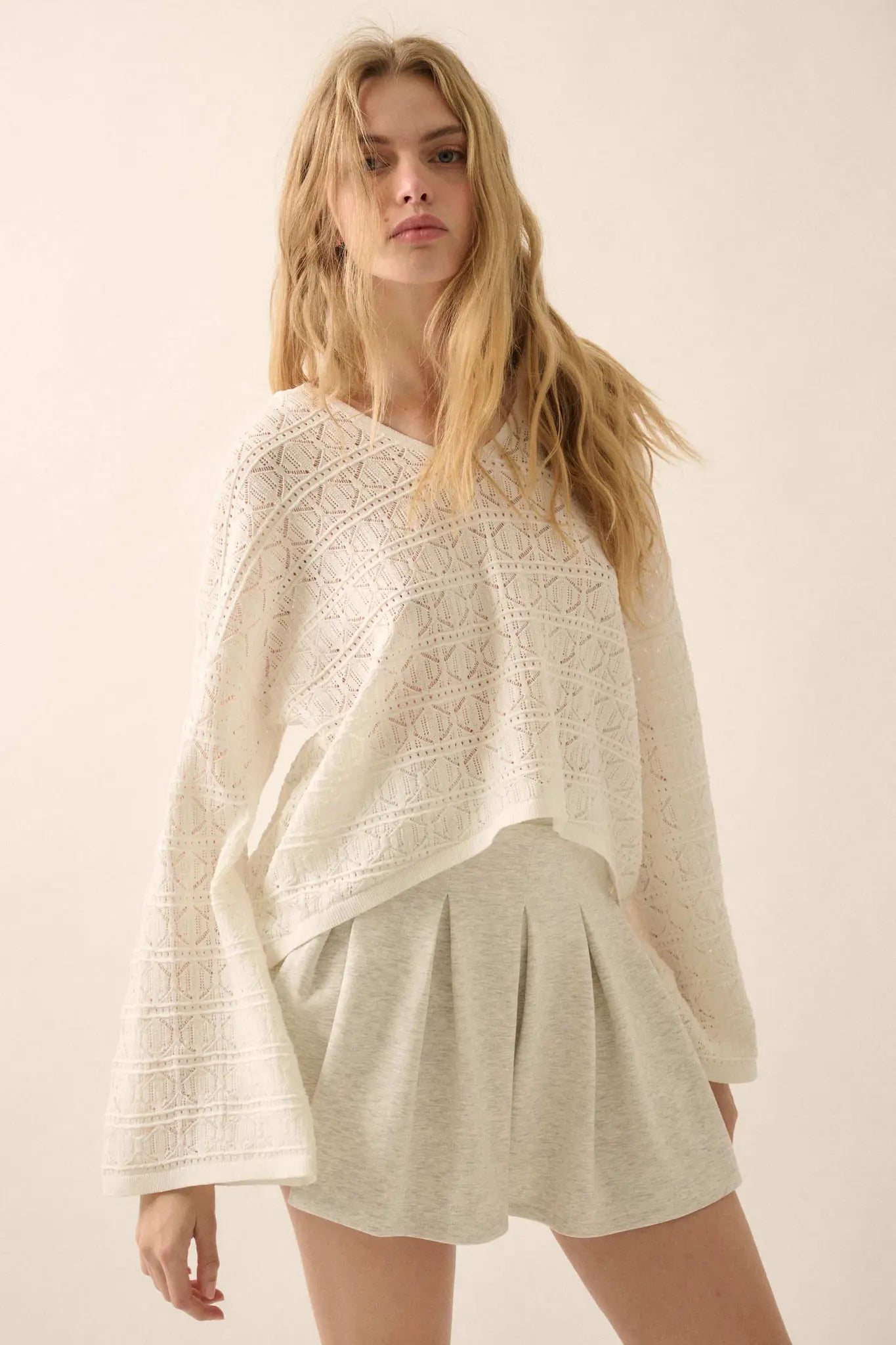 Hang Loose Pointelle Crochet-Knit Hoodie Sweater