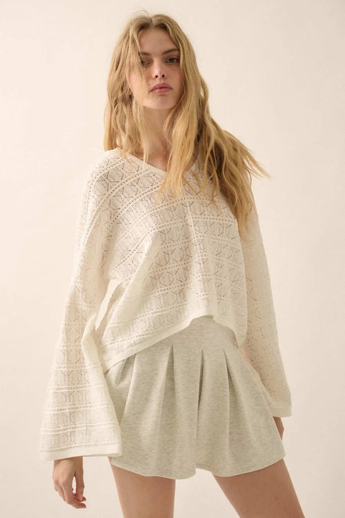 Hang Loose Pointelle Crochet-Knit Hoodie Sweater