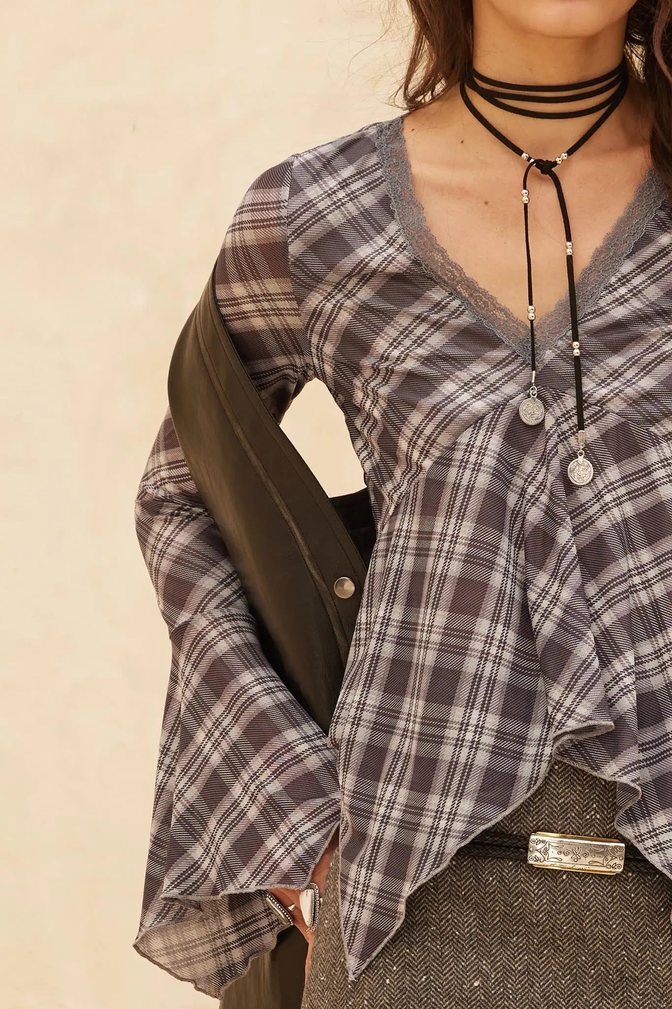 Check You Out Plaid Bell-Sleeve Handkerchief Top