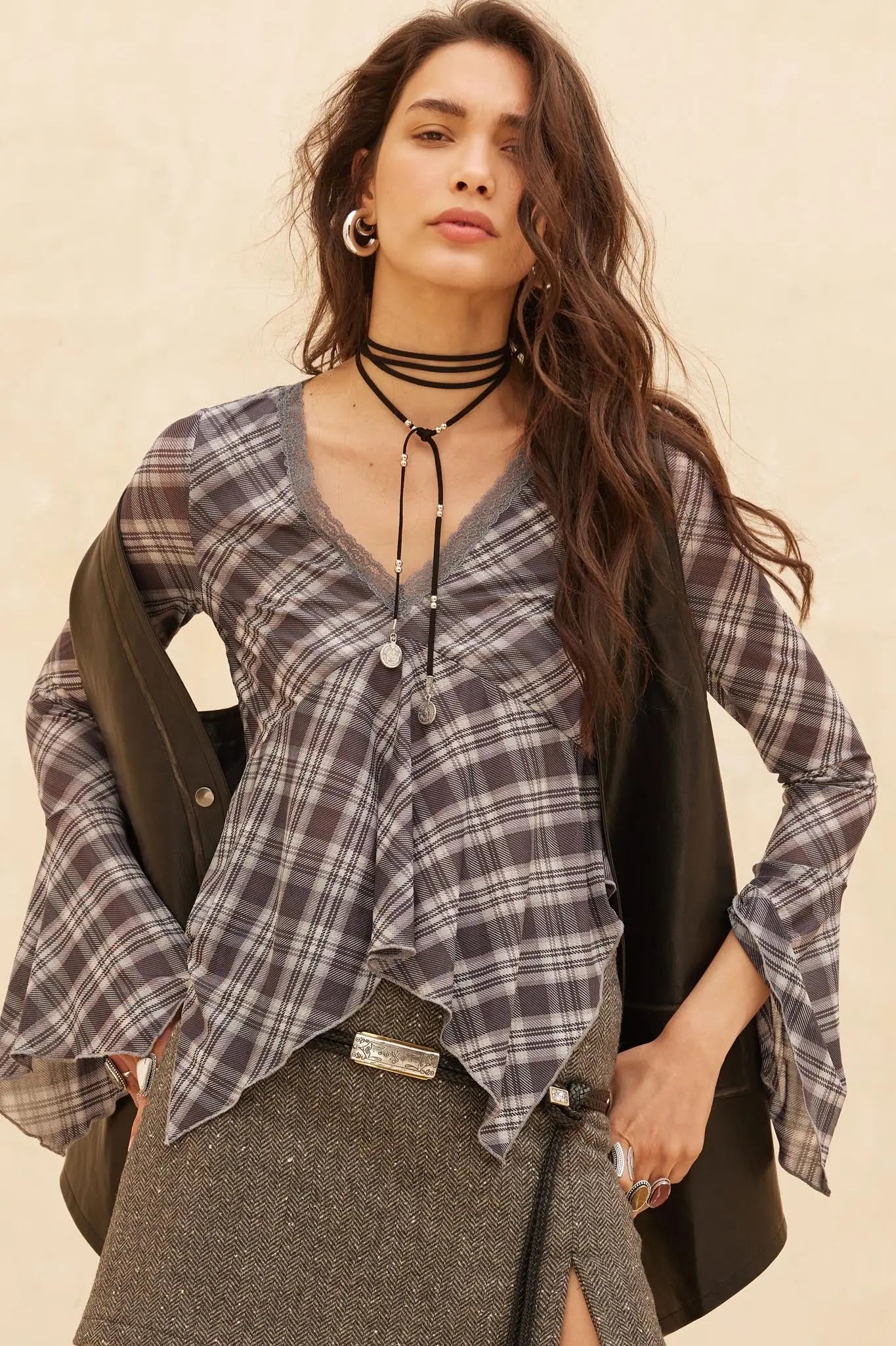 Check You Out Plaid Bell-Sleeve Handkerchief Top