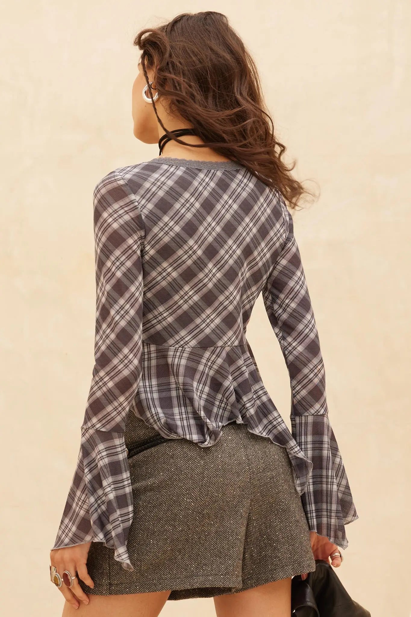 Check You Out Plaid Bell-Sleeve Handkerchief Top