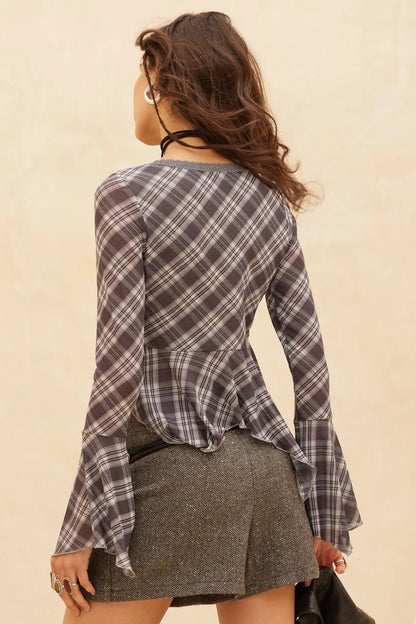 Check You Out Plaid Bell-Sleeve Handkerchief Top