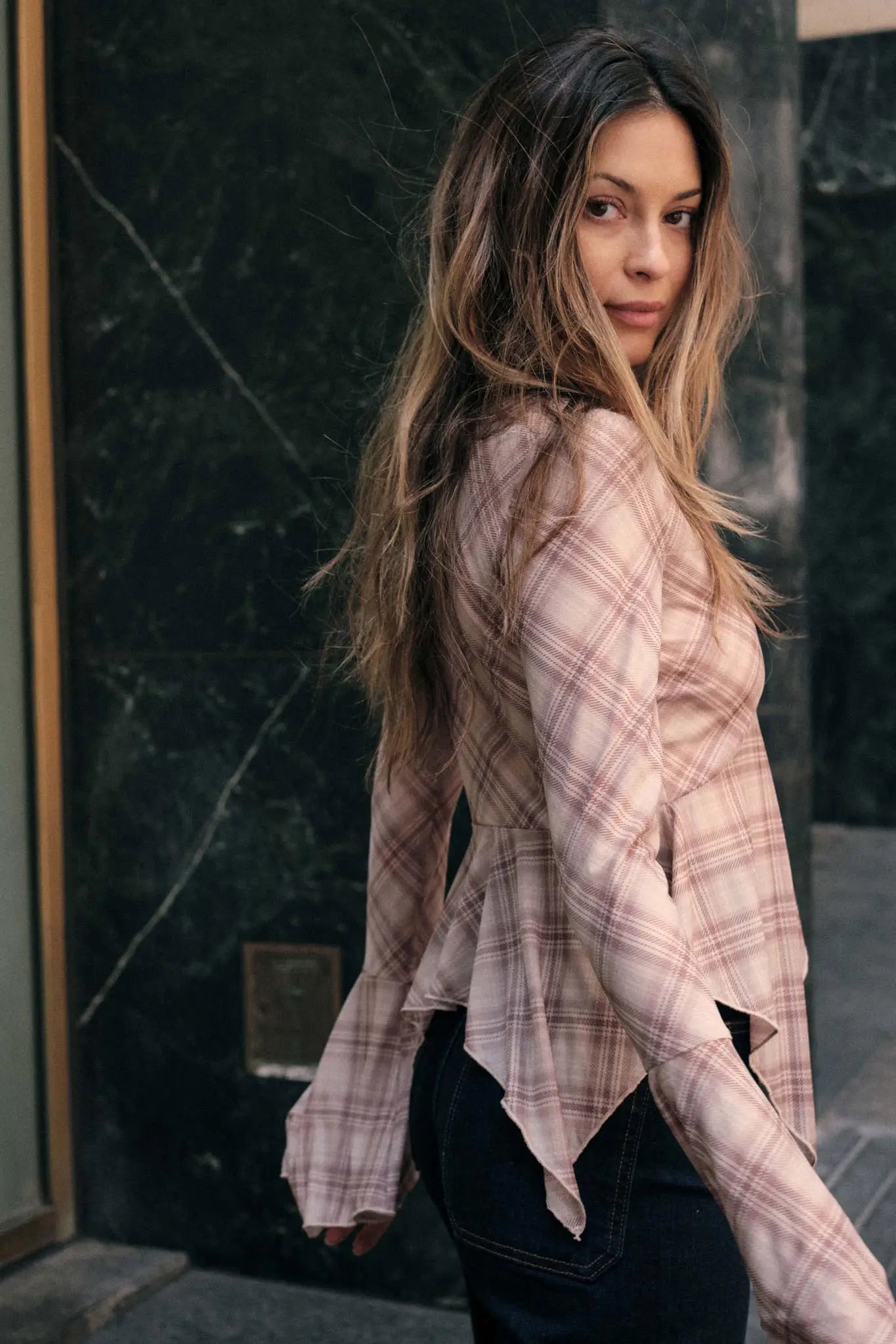 Check You Out Plaid Bell-Sleeve Handkerchief Top