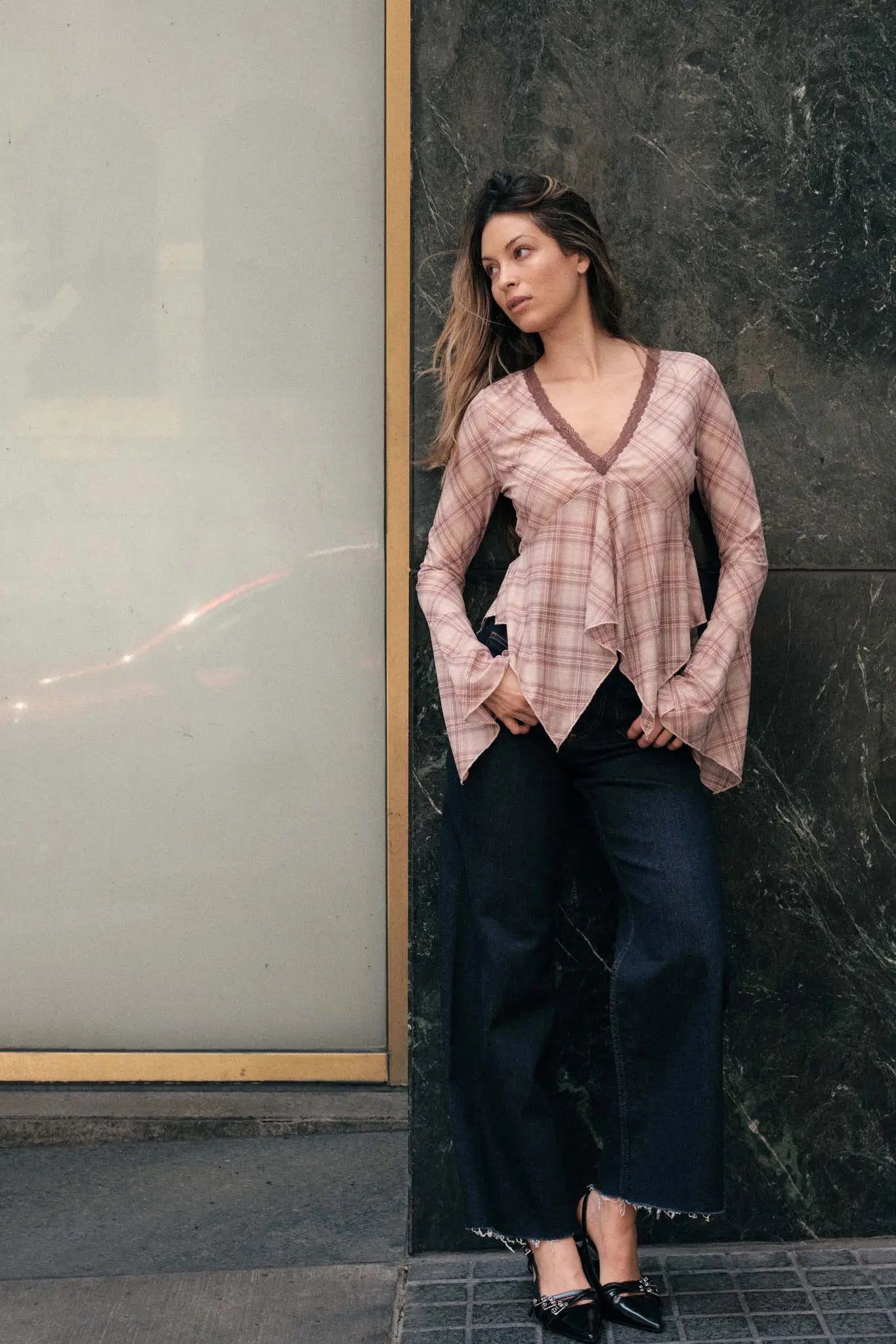 Check You Out Plaid Bell-Sleeve Handkerchief Top