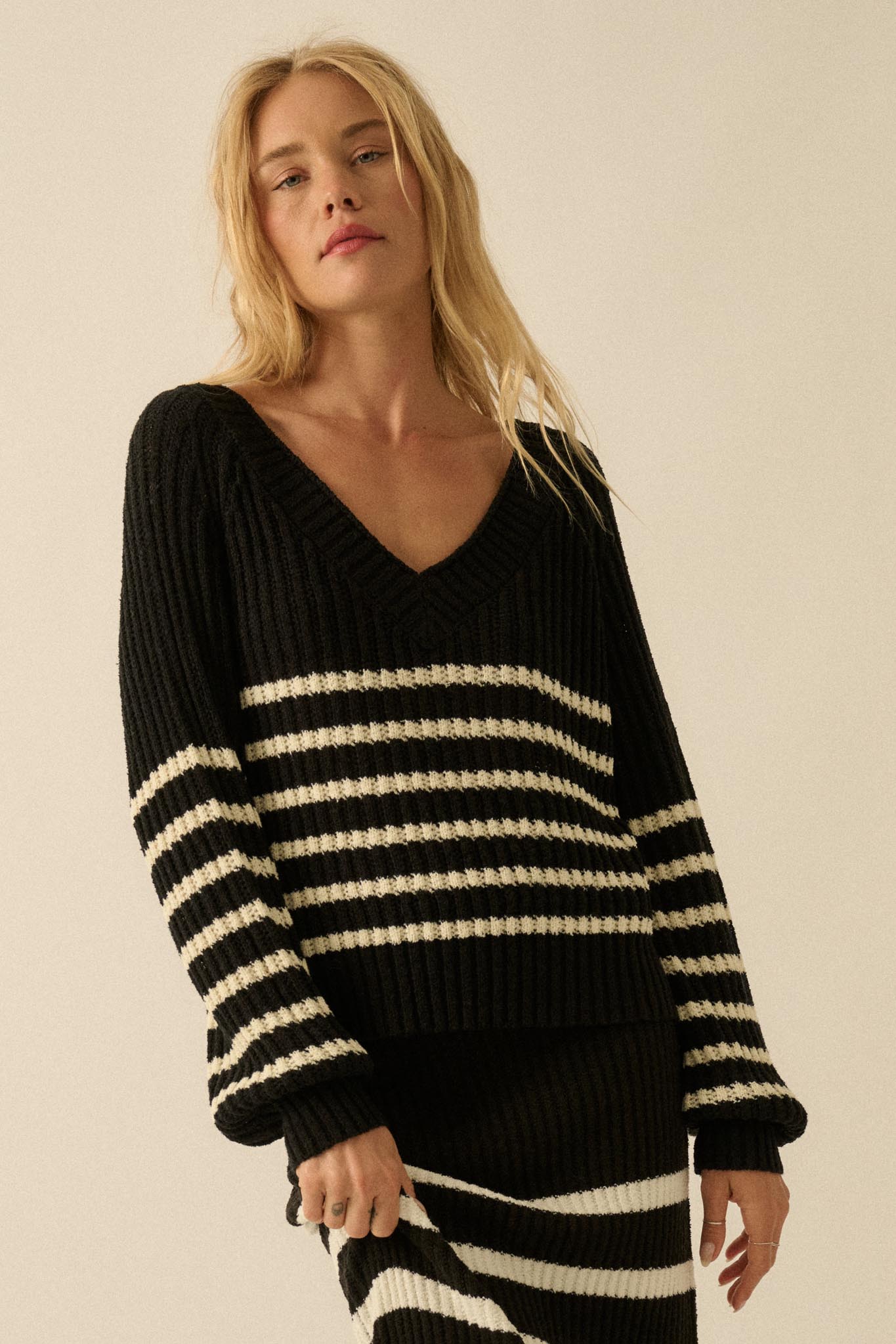 Promise the Label Striped Rib-Knit V-Neck Sweater