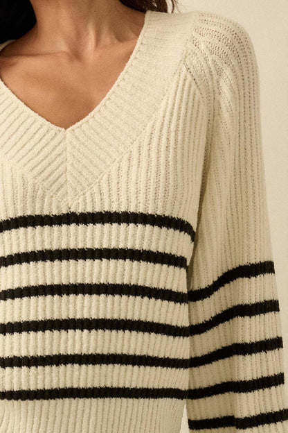 Promise the Label Striped Rib-Knit V-Neck Sweater