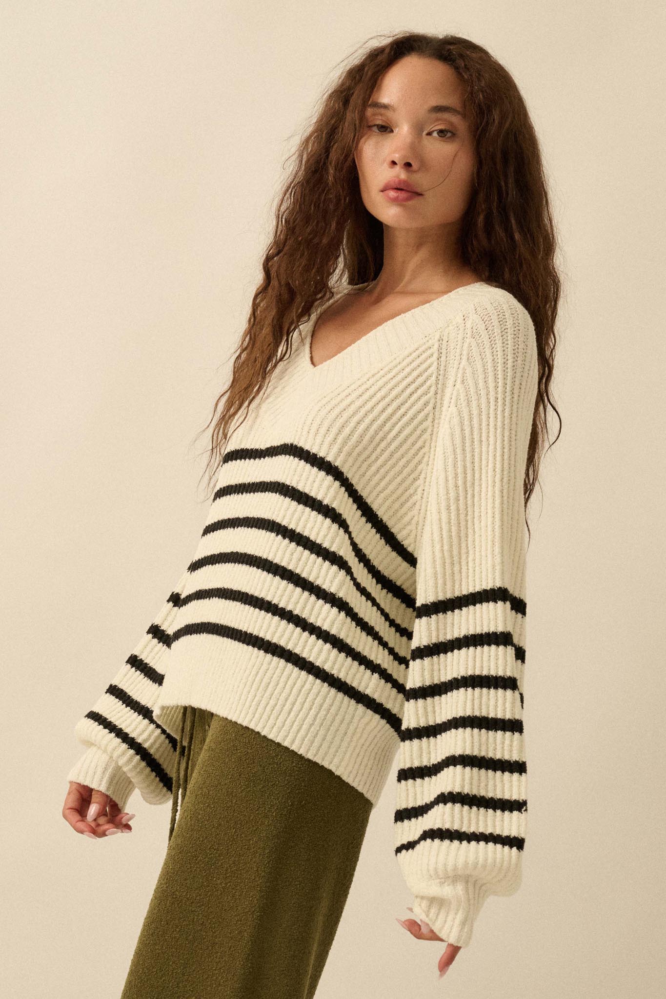 Promise the Label Striped Rib-Knit V-Neck Sweater