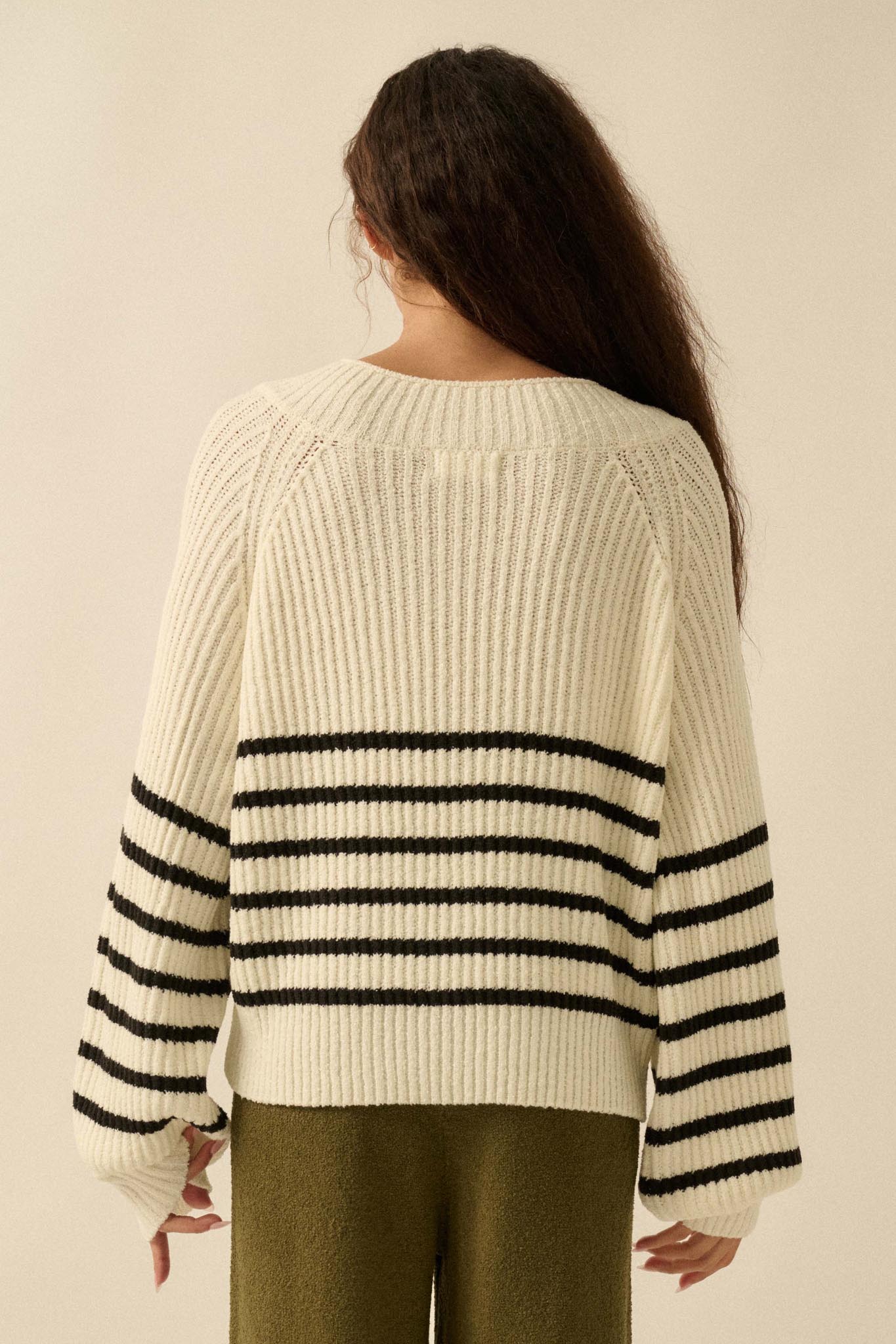 Promise the Label Striped Rib-Knit V-Neck Sweater