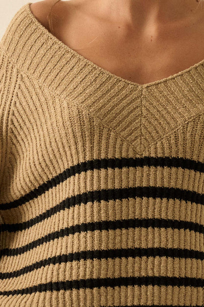Promise the Label Striped Rib-Knit V-Neck Sweater